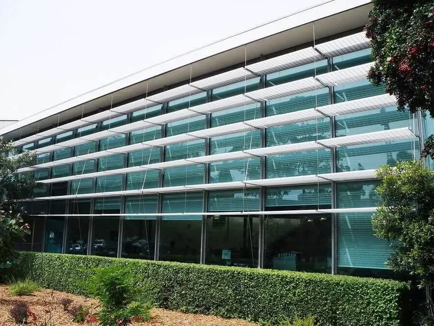 The shading devices on the facade of the Gordon Yu-Hoi Chiu Building, a laboratory / science building at Sydney University in Sydney, Australia.