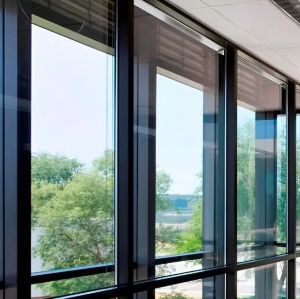 View from inside a classroom at the cavity of the double-skin facade of the sn-w'ey'-mn Building at Spokane Falls Community College.