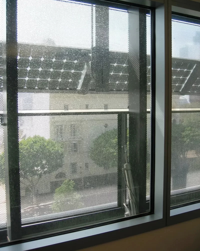 Close-up interior view of the facade of the Caltrans District 7 HQ building in Los Angeles.