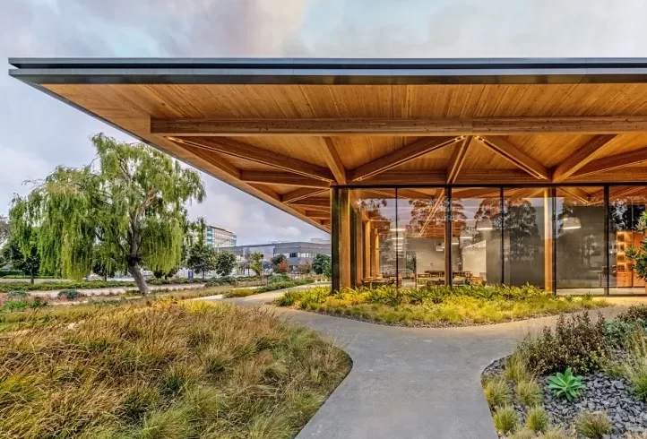 The clear glass facade and deep timber roof overhangs of the Lighthouse building.