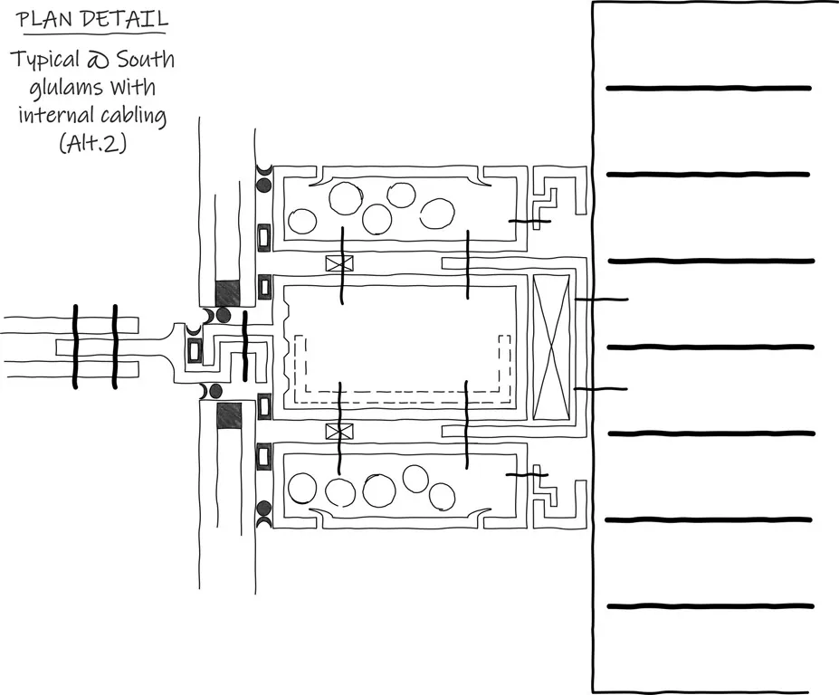 Sketch detail of the glulam, mullion and shading device support connection & waterproofing on the curved facade of the Applied R&D Building at Northern Arizona University.