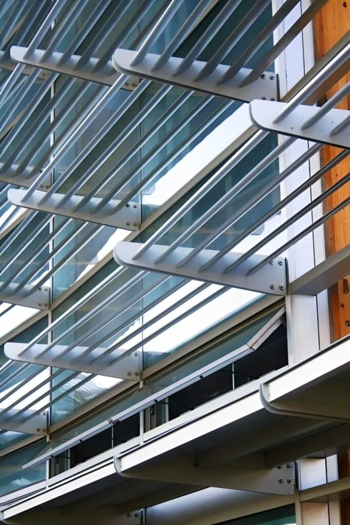 A close up of the metal slatted shading devices on the facade of the Applied R&D Building at NAU.