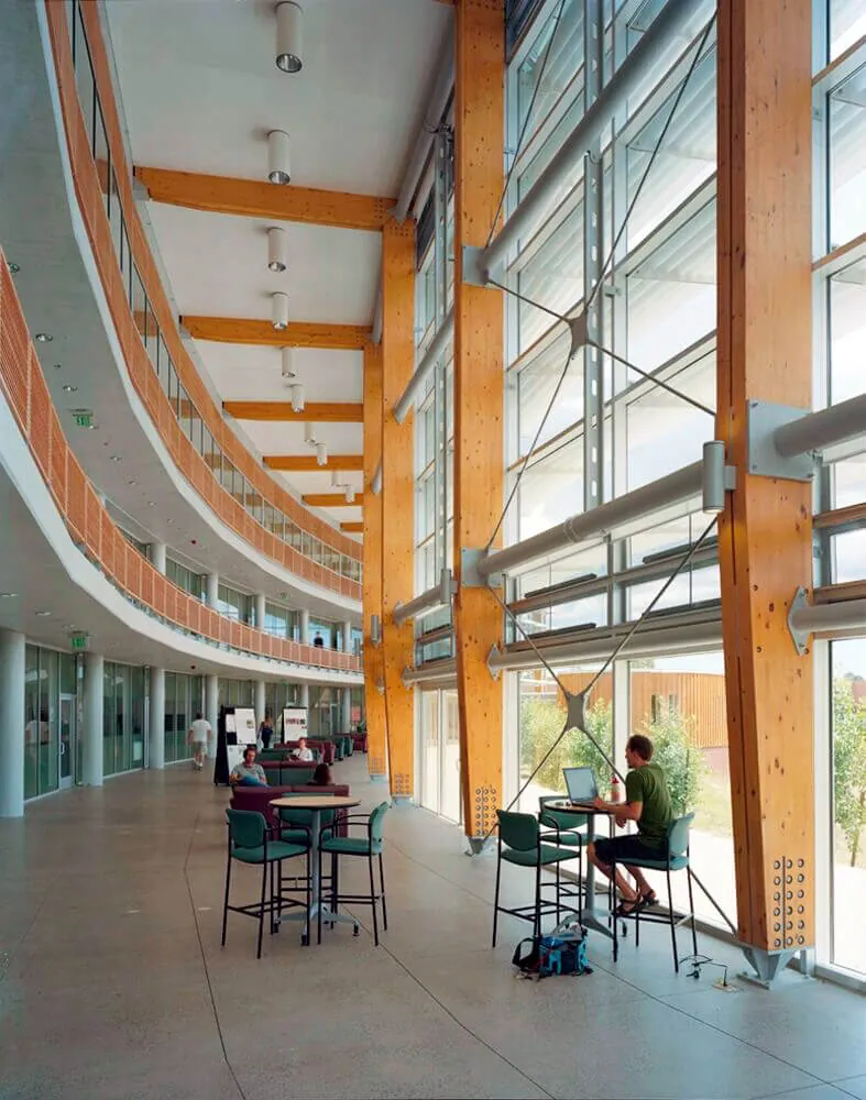 Interior view of the curved facade of the Applied R&D Building at NAU showing the glulam facade support structure.