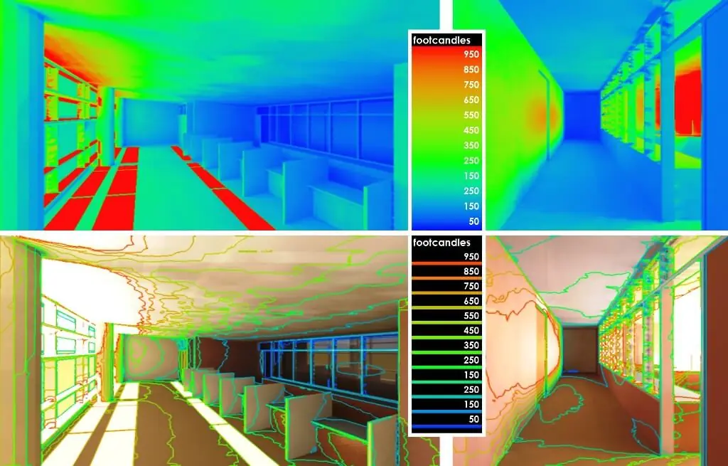 Four false color diagrams indicating the impact of shading devices on the thermal gain inside a typical room at Valley Specialty Hospital.