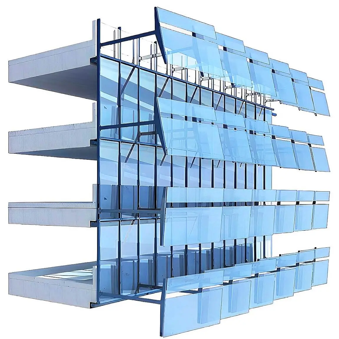 Facade scheme design system characterization sketch with three floors protected by multiple layers of blue external glass shading devices.