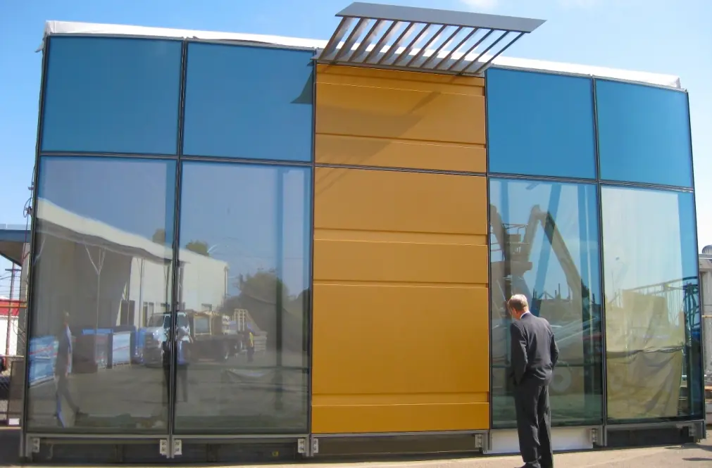 A small section of curtain wall and glazing erected as a visual mock-up for the Golden State Warriors Chase Center Towers.