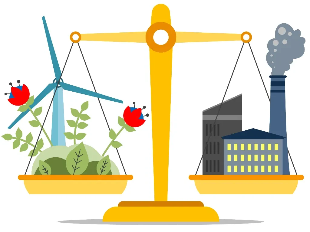 A cartoon image of the decarbonization scales with carbon generation (chimneys, lit buildings) on one scale pan and carbon capture/offset (plants, wind generator) on the other.