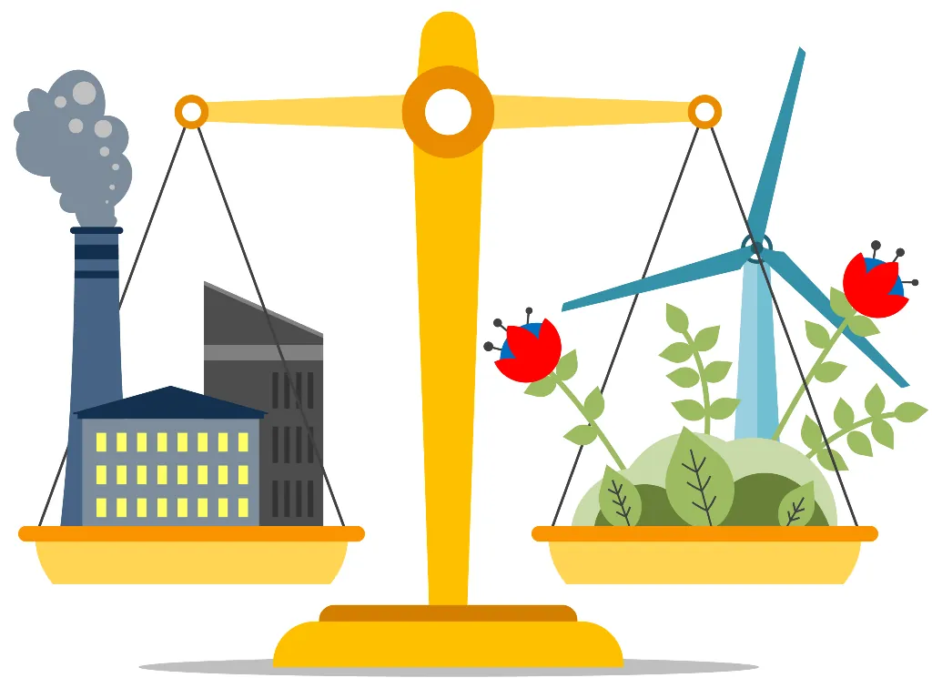 A cartoon image of the decarbonization scales with carbon generation (chimneys, lit buildings) on one scale pan and carbon capture/offset (plants, wind generator) on the other.