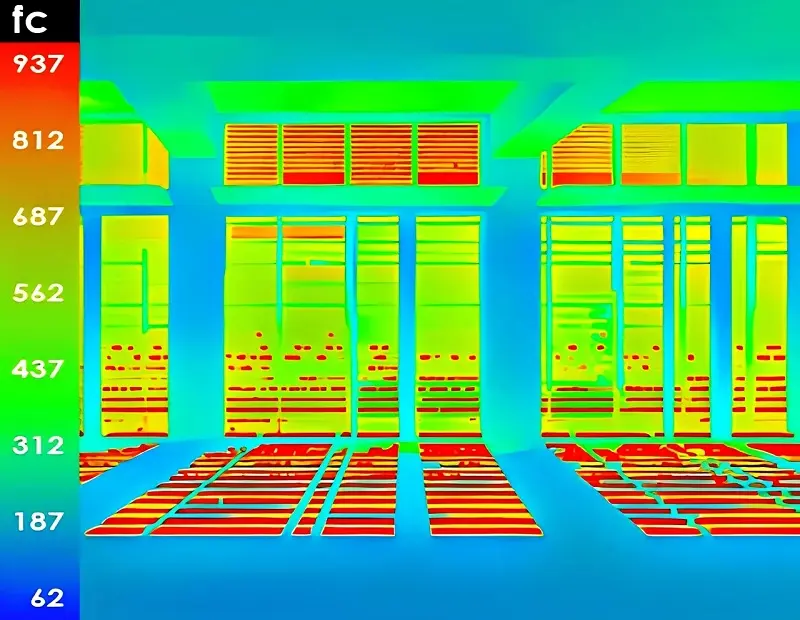 False color rendering of the solar heat gain through a shaded set of windows into a model room.