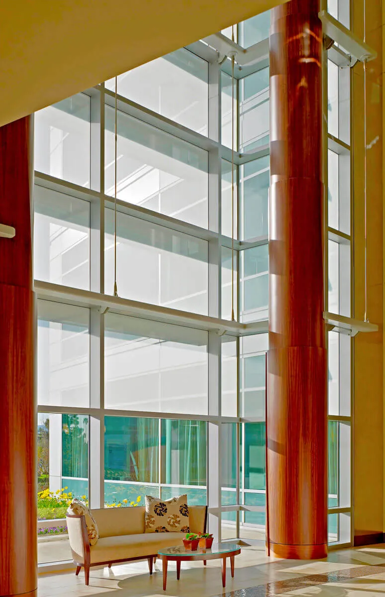 Internal view of a facade of the Stanford Outpatient Center in Redwood City, showing the cable-stayed curtain wall support structure.
