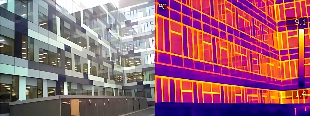 A composite image consisting of a photo of a black, gray, and white facade juxtaposed against a thermal camera false-color image of the same facade.