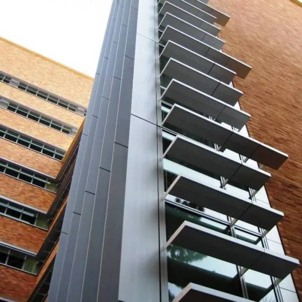 Stair Tower shading devices at the Center for Health Sciences South Retrofit, a building facade recladding project at UCLA in Los Angeles, CA.