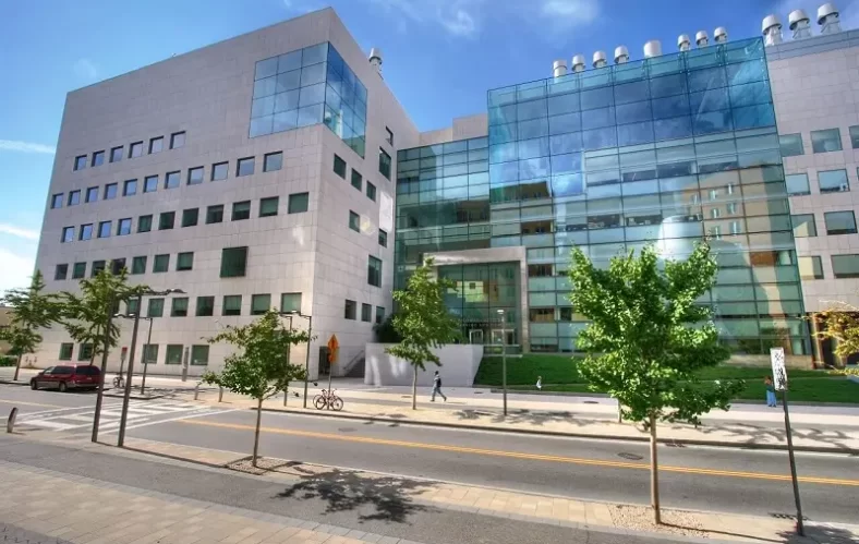 The green glass wall and window-pierced gray concrete facade of the MIT Brain & Cognitive Sciences Complex.