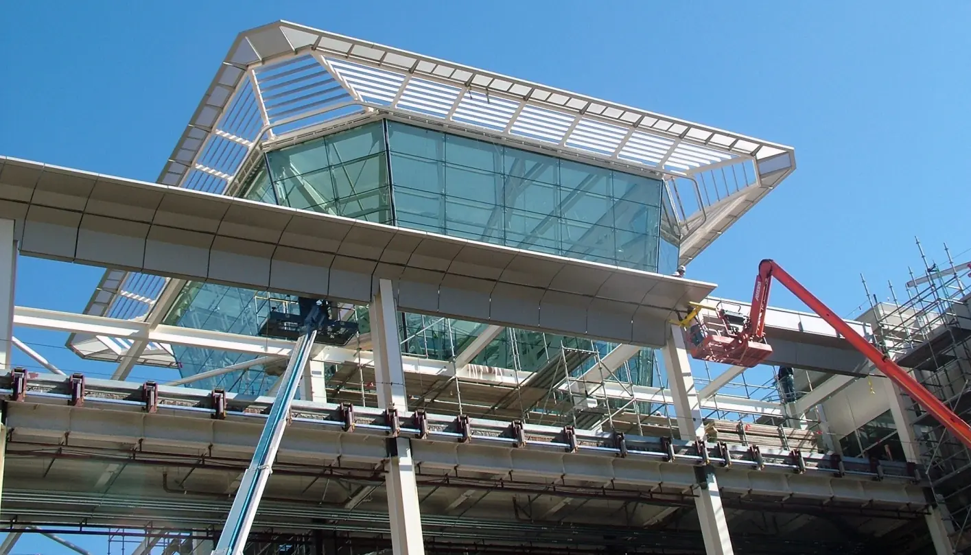 Construction of the facade shading devices on the CalPERS HQ Complex in Sacramento.