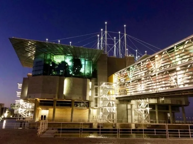 The illuminated facade of the Lisbon Aquarium against an inky sky & ocean.