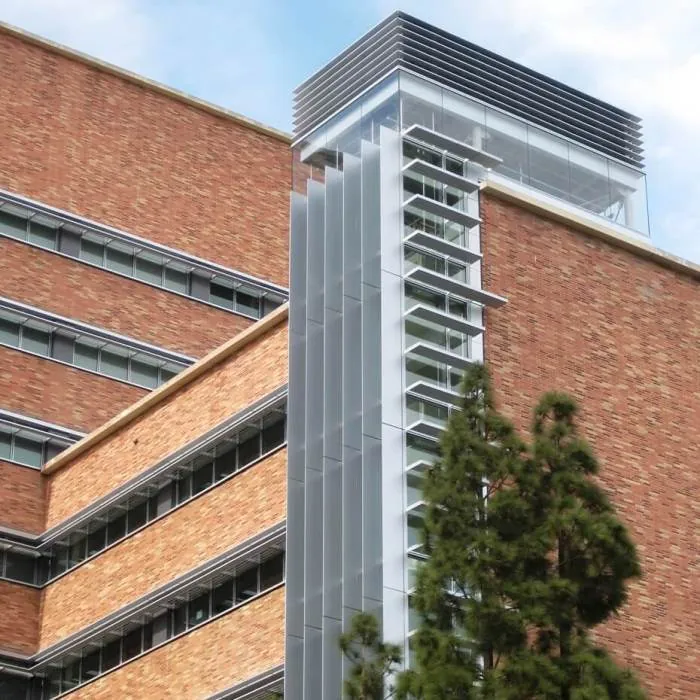 Stair Tower shading devices at the Center for Health Sciences South Retrofit, a building facade recladding project at UCLA in Los Angeles, CA.